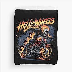 Hell on Wheels Flaming Skull Biker Art Duvet Cover