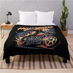 Hell on Wheels Flaming Skull Biker Art Throw Blanket