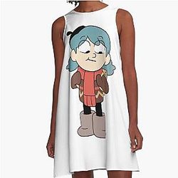 Hilda is smiling with a cute blue A-line dress.