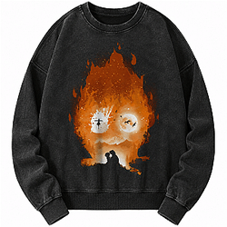 Calcifer Retro PTTT1107 Washed  Howl's Moving Castle Sweatshirts