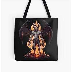 A Terrifying Demon with Wings and Horns Engulfed in Flames All Over Print Tote Bag RB0712