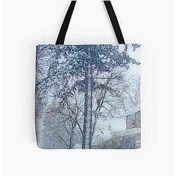 Snowfall with Evergreen and a Little Brick House painting All Over Print Tote Bag RB0301