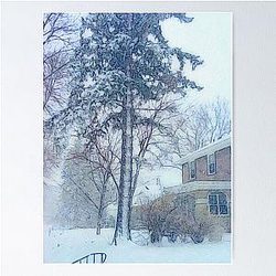 Snowfall with Evergreen and a Little Brick House painting Poster RB0301