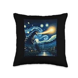 Retro Japanese Kaiju Monster Starry Night Parody Kaiju Throw Pillow