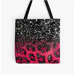 Pink Black Leopard Print Faux Glitter All Over Print Tote Bag RB1602