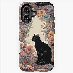 Black CAt with Plants and flowers cats and floral Surreal illustration iPhone Tough Case
