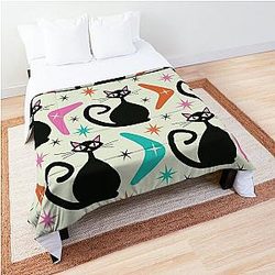 Mid Century Black Atomic Cats  with Boomerangs Pattern  Comforter