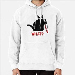 Funny Black Cat WHAT? - Murderous Cat Holding Knife Pullover Hoodie