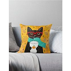 Autumn Pumpkin Coffee Cat Throw Pillow