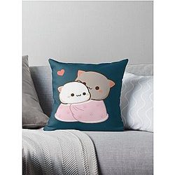 Peach and Goma Cuddling - Mochi Peach Cat   Throw Pillow