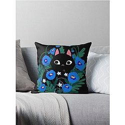 Blue Flower Black Cat Throw Pillow