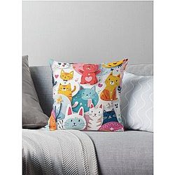 Playful Cat Breed Patterns with Abstract 3D Shapes and Bright Colors Throw Pillow