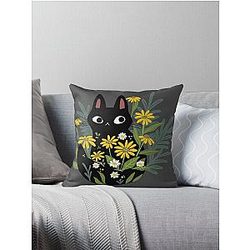 Black cat with flowers  Throw Pillow