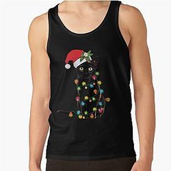 Santa Black Cat Tangled Up In Christmas Tree Lights Holiday Tank Top