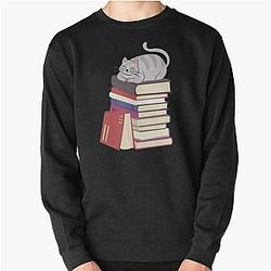 Stack of Books and a Chubby Cat Pullover Sweatshirt