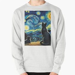 The black cat and the starry night Pullover Sweatshirt