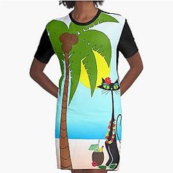 Atomic Cats at the Beach Graphic T-Shirt Dress