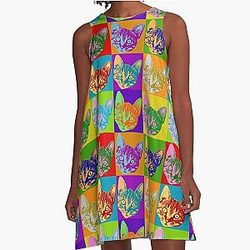 Cat Pop Art  Inspired Graphic Cats Kitty Bright Color Design A-Line Dress