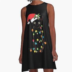 Black Santa Cat Tangled Up In Lights Christmas Santa Illustration A-Line Dress