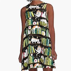 Library cats - whimsical cats on the book shelves  A-Line Dress