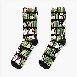 Library cats - whimsical cats on the book shelves  Socks