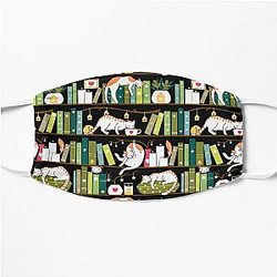 Library cats - whimsical cats on the book shelves  Flat Mask
