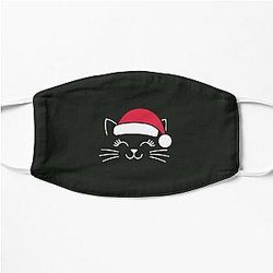Festive Cat Face with Santa Hat T-shirt - Meowy Christmas Cat Shirt - Holiday Cat in Santa Hat  Flat Mask