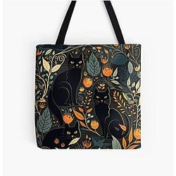 Black cats among plants and flowers. All Over Print Tote Bag