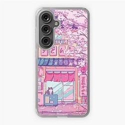 Cute cats' cafe and the pink cherry trees blossom Samsung Galaxy Soft Case