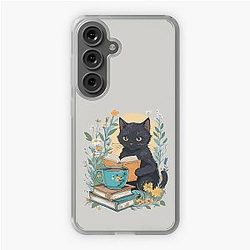 Cute black cat reading a book with a cup of coffee and some wildflowers Samsung Galaxy Soft Case