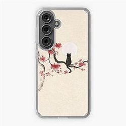 Painting of a black cat sitting on maple tree with red autumn leaves gazing at the full moon art print Samsung Galaxy Soft Case