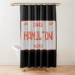 Lewis Hamilton first win license plate black Shower Curtain