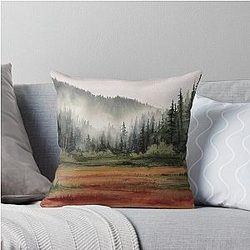 Longmire Fog Watercolor Landscape Painting Throw Pillow