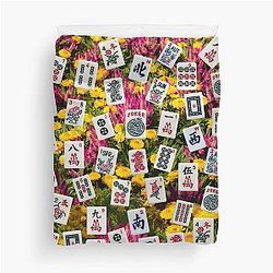 Mahjong tiles on colorful wildflowers Duvet Cover