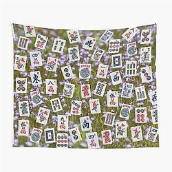 Mahjong tiles on field of purple Lobelia flowers Tapestry