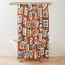 Mahjong tiles on orange butterfly pattern Shower Curtain