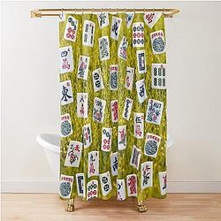 Mahjong tiles on green grass background Shower Curtain