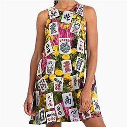 Mahjong tiles on A-Line Dress with colorful wildflowers