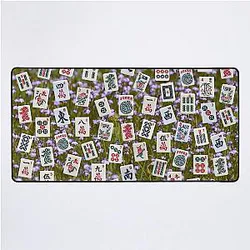 Mahjong tiles on a field of purple Lobelia flowers Desk Mat
