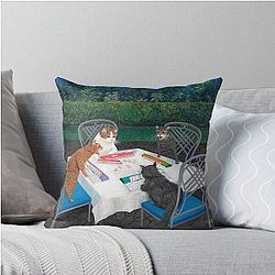 Cats Playing Mahjong in the Garden Throw Pillow