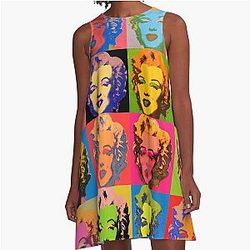 Marilyn Monroe Diptych based on Andy Warhol. A grid of colorful portraits of Marilyn Monroe showcasing his signature pop art style. A-Line Dress