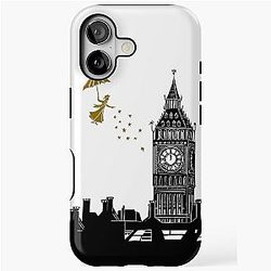 Mary Poppins and Big Ben Linocut in Black and Gold iPhone Tough Case