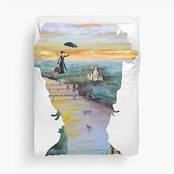 Mary Poppins flying above London Duvet Cover