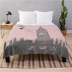 Mary Poppins flying over Big Ben linocut throw blanket