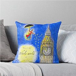 Mary Poppins Watercolour with Quote There's the Whole World at your Feet Throw Pillow