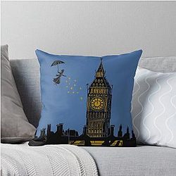 Mary Poppins Big Ben Linocut Silhouette Print in black blue and gold Throw Pillow