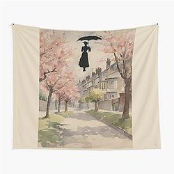 Mary Poppins Floating Above Cherry Lane Tapestry