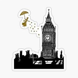 Mary Poppins and Big Ben Linocut in black gold Sticker