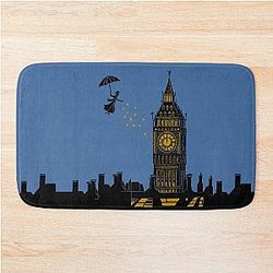 Mary Poppins Big Ben Linocut Silhouette Print in black, blue and gold Bath Mat
