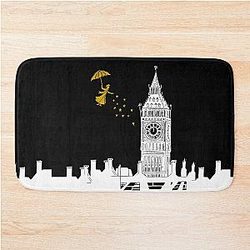 Mary Poppins and Big Ben Linocut Print Bath Mat in White, Black and Gold